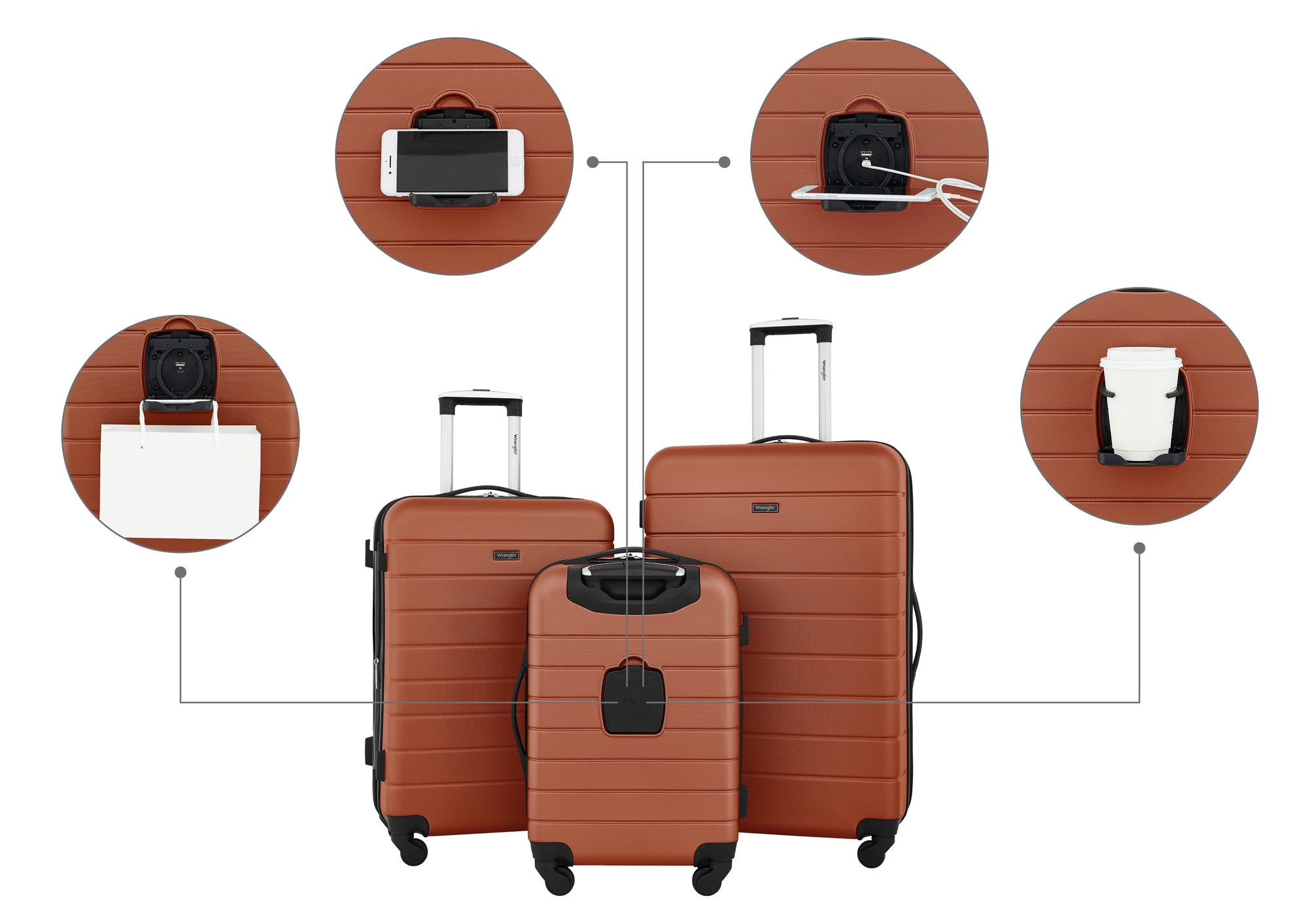 Wrangler Smart Luggage Set with Cup Holder and USB Port
